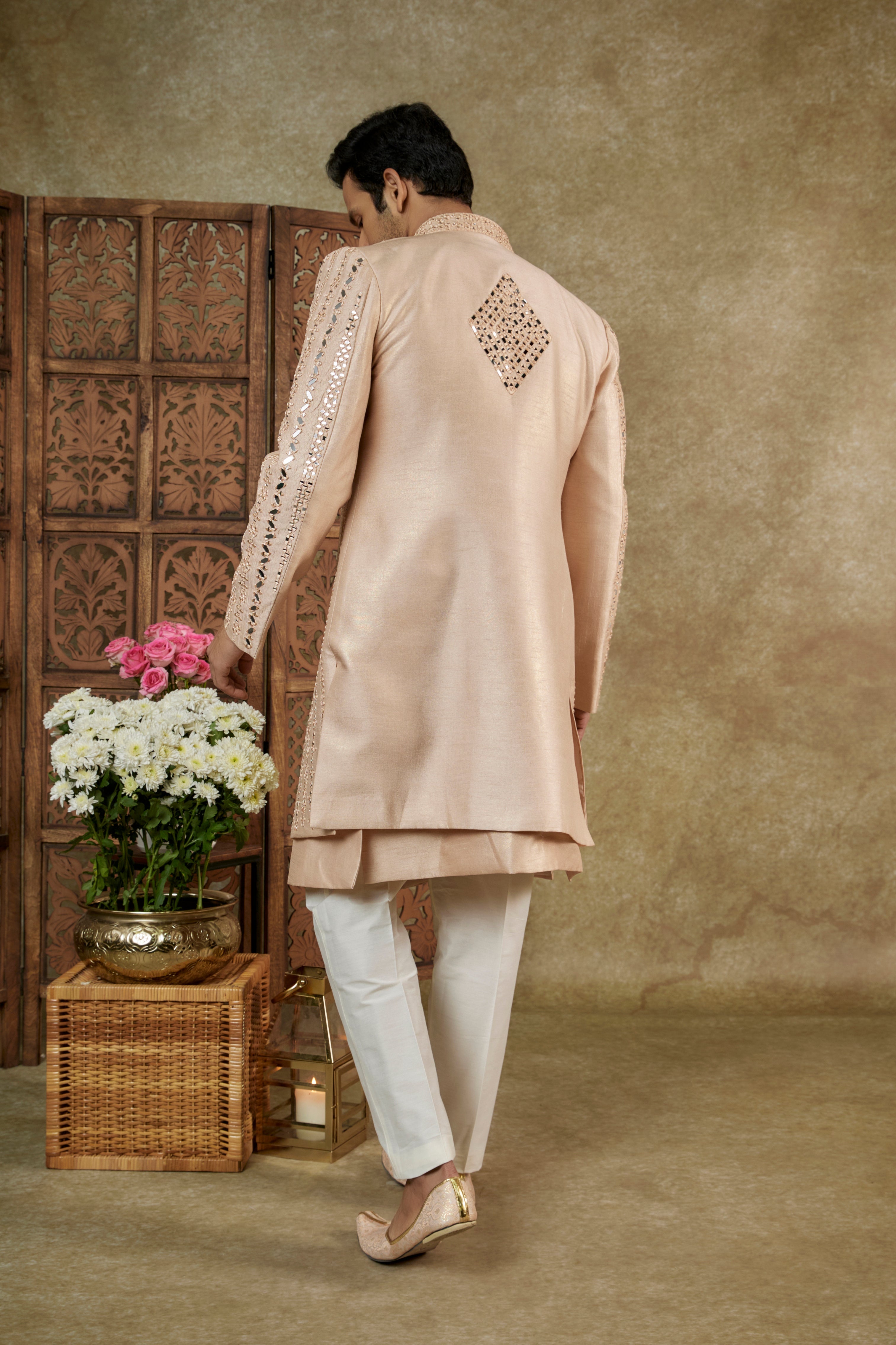 Light Peach Mirror And Resham Embellished Silk Open Indowestern Set