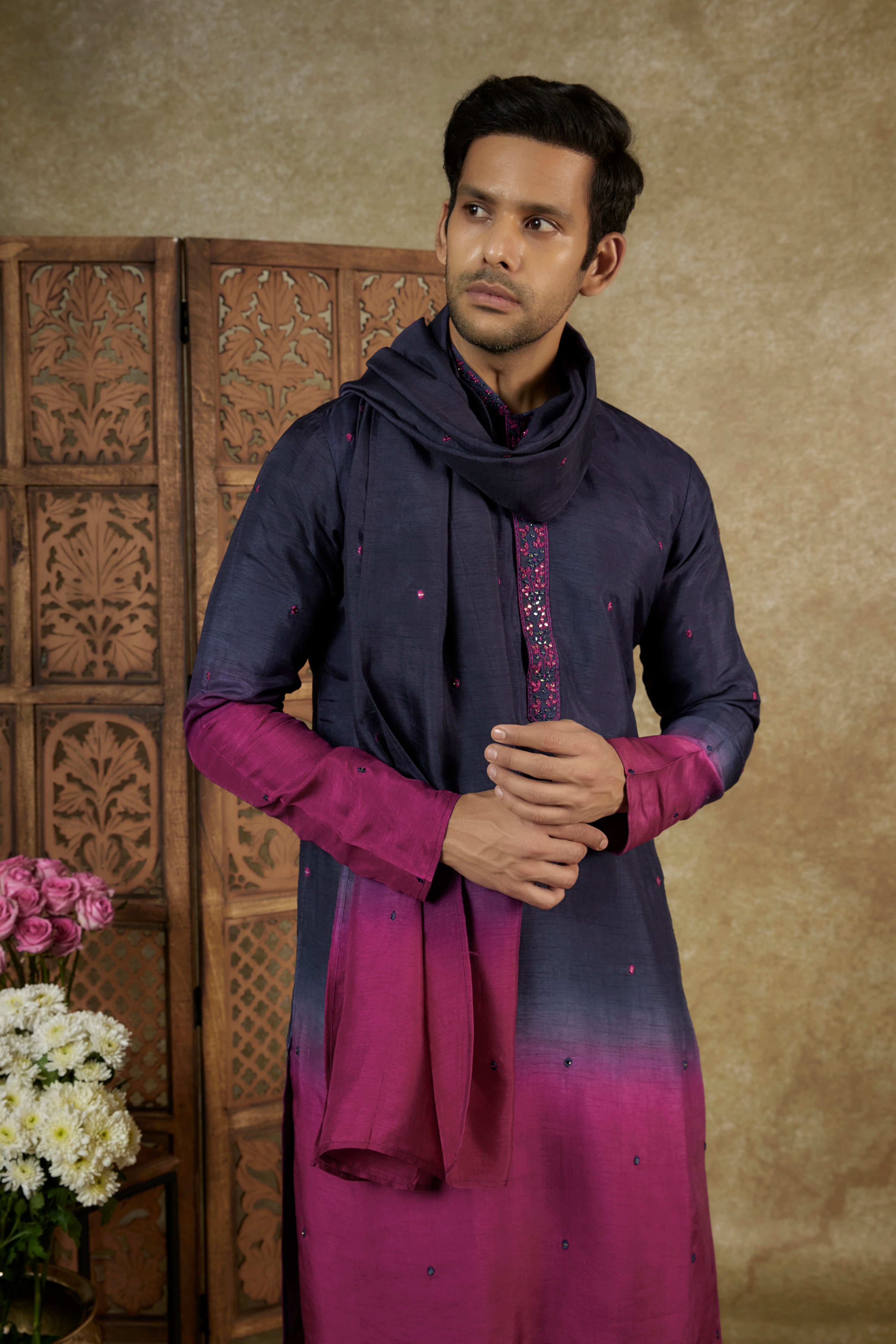 Ombré Berry Silk Kurta Set with Resham Work