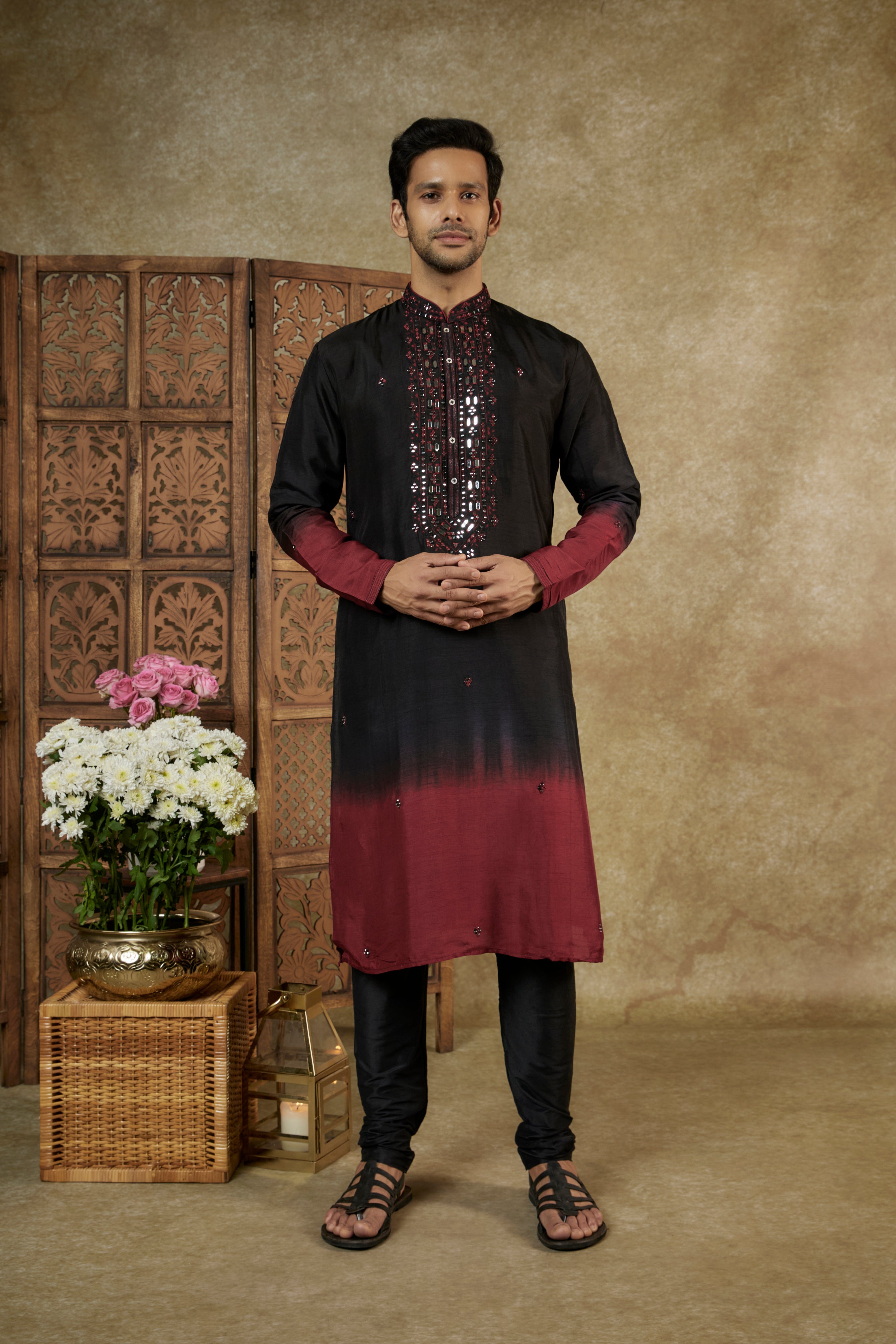 Ombré Black Garnet Silk Kurta Set with Mirror Work