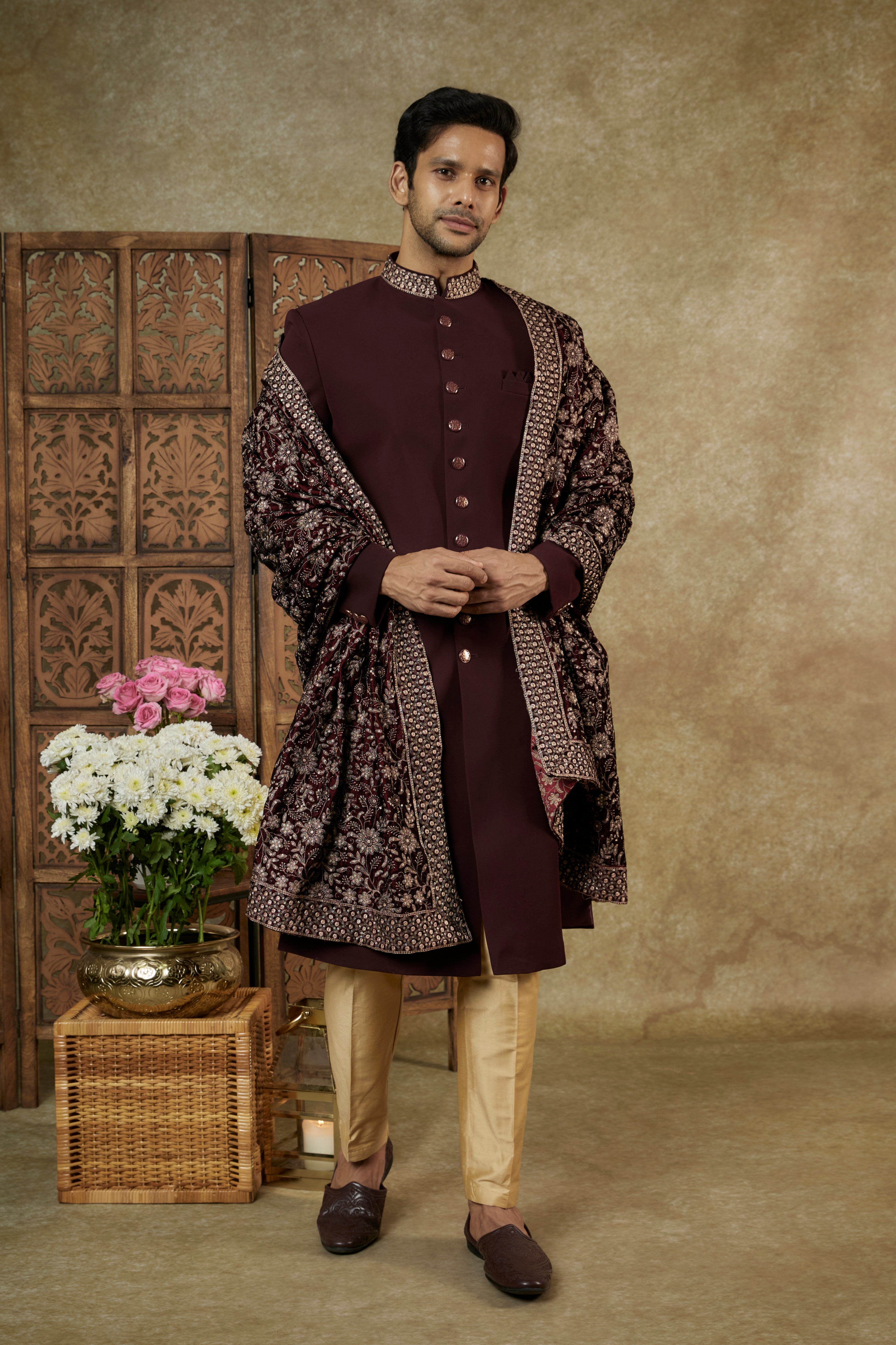Lucknowi Velvet Sherwani Set