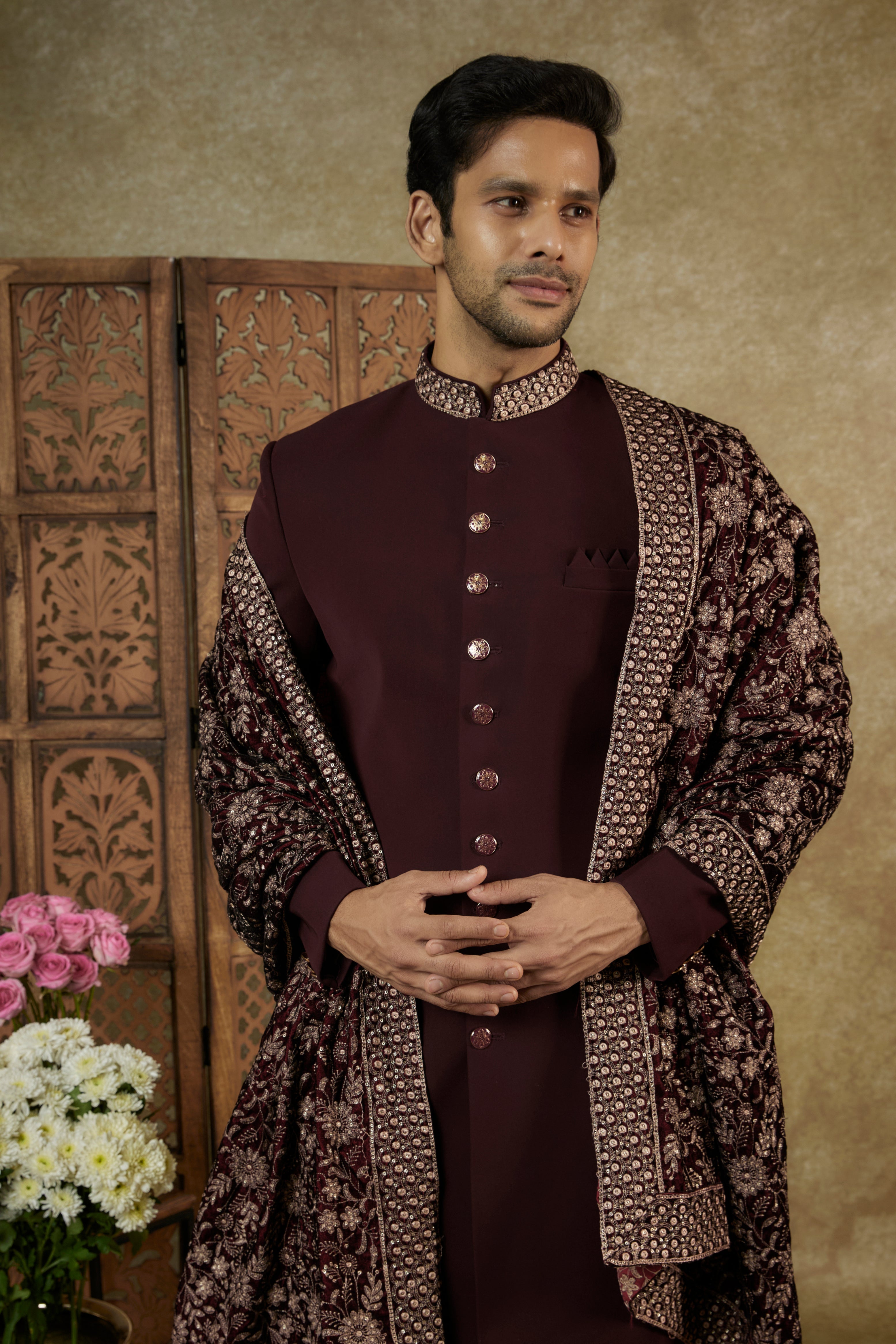 Lucknowi Velvet Sherwani Set