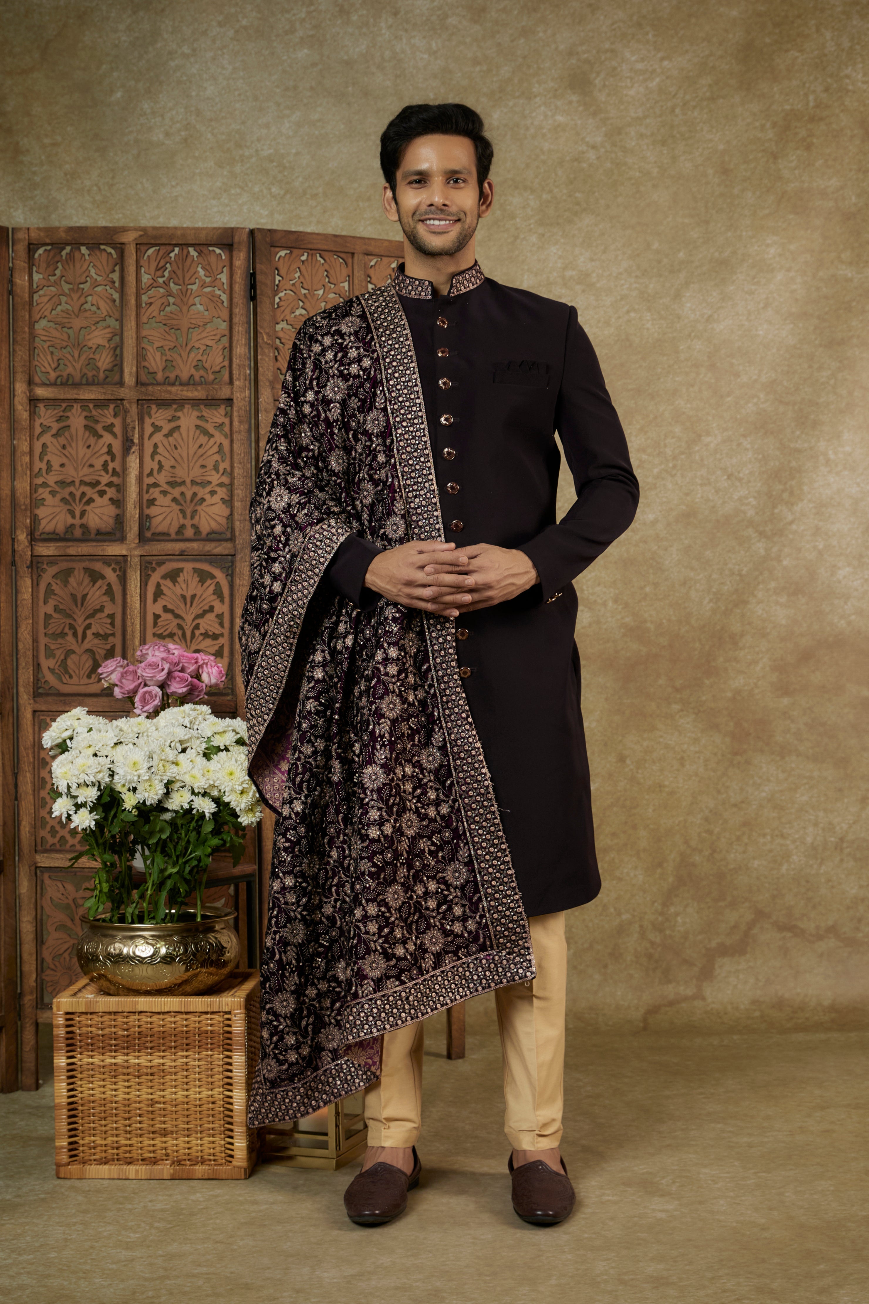 Lucknowi Velvet Sherwani Set