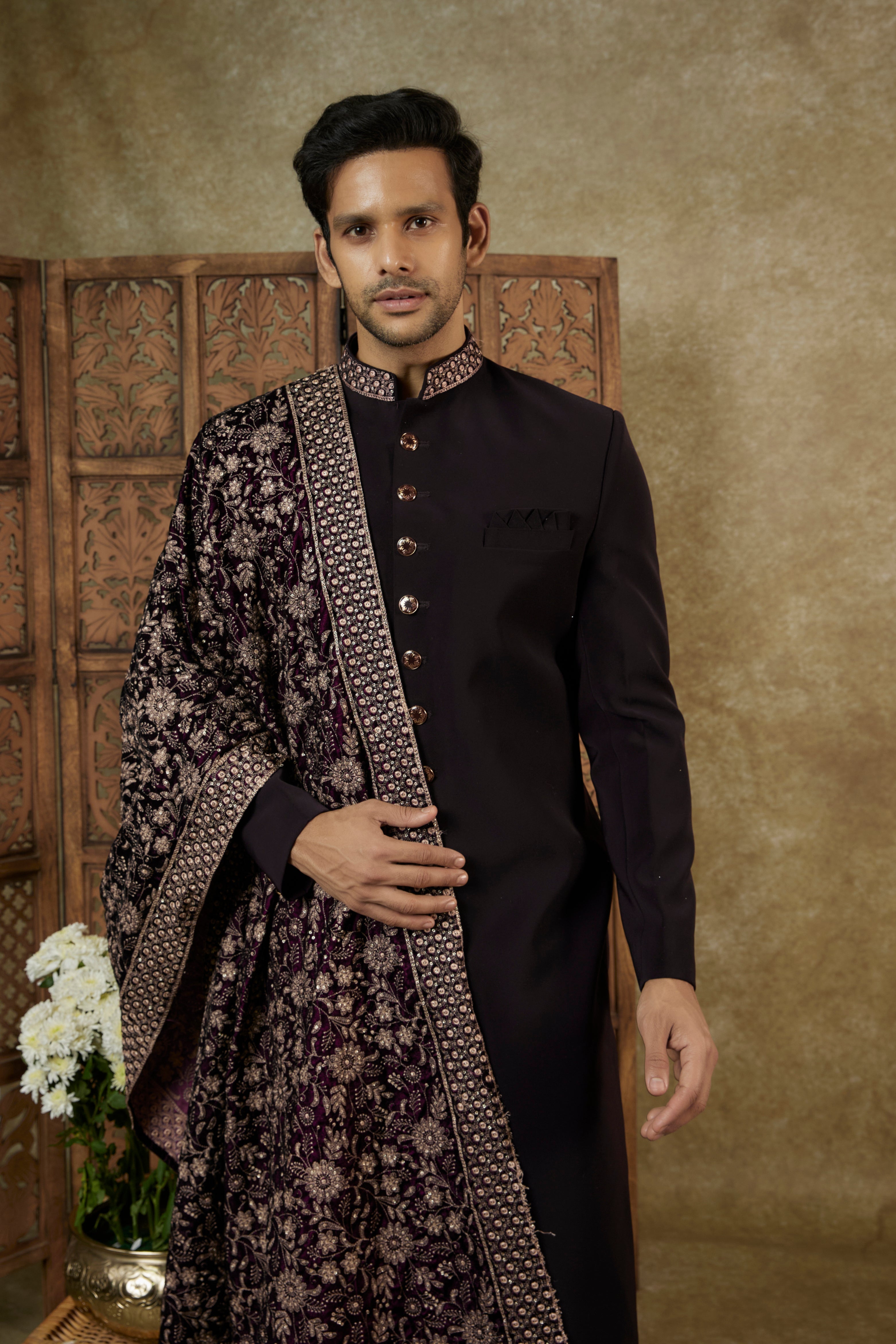 Lucknowi Velvet Sherwani Set