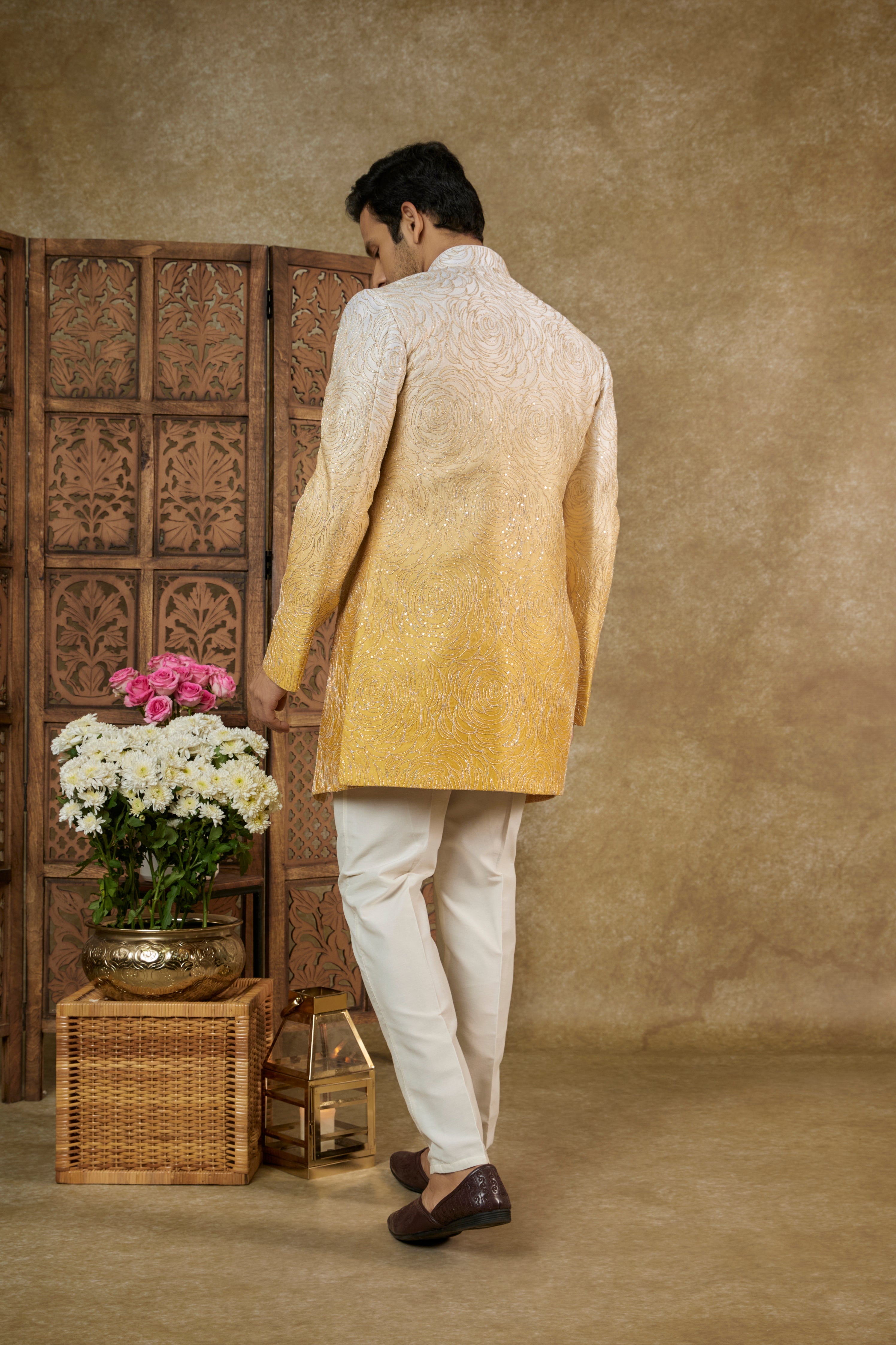 Yellow Ombré Silk Indo-Western Set with Zari Work
