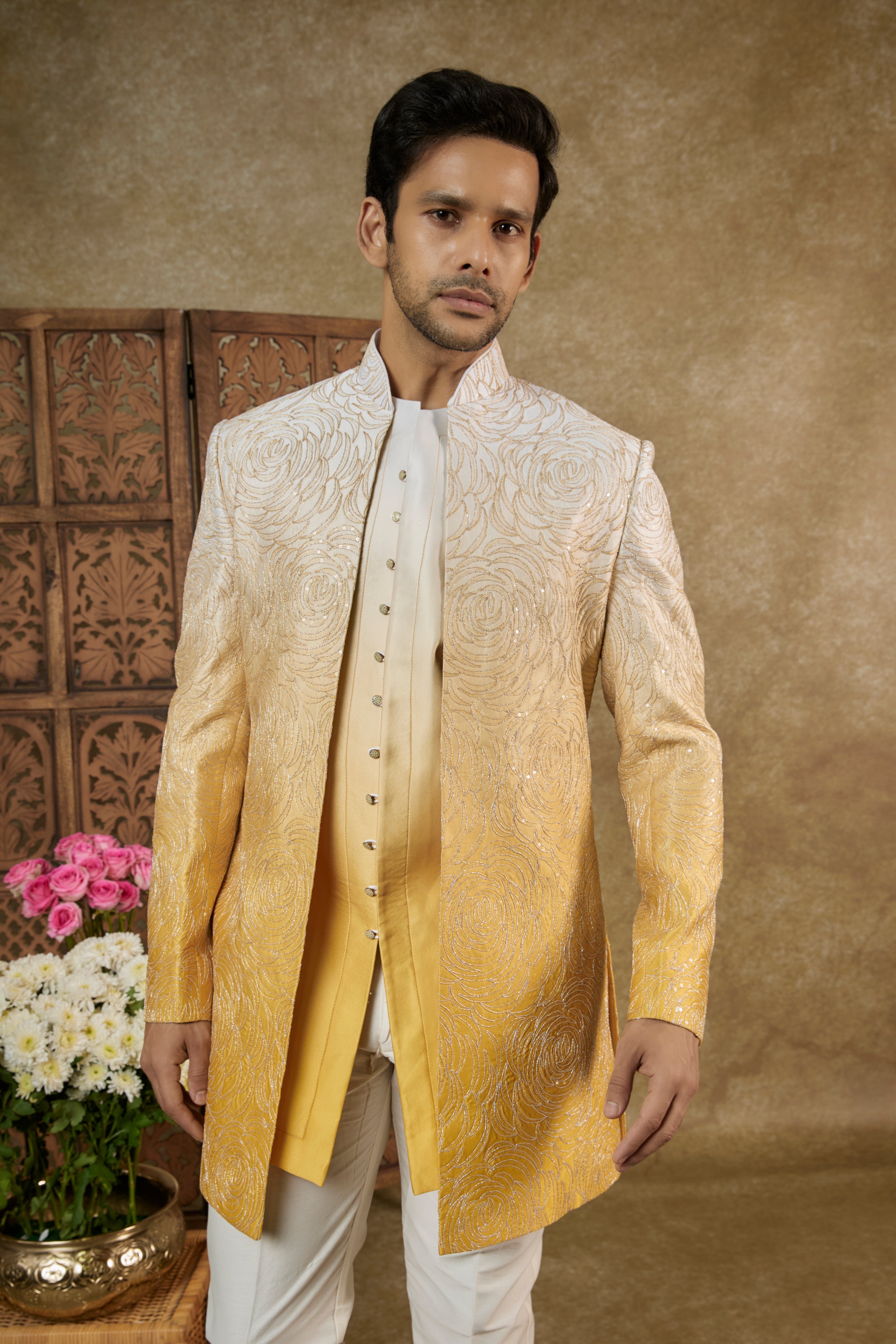 Yellow Ombré Silk Indo-Western Set with Zari Work