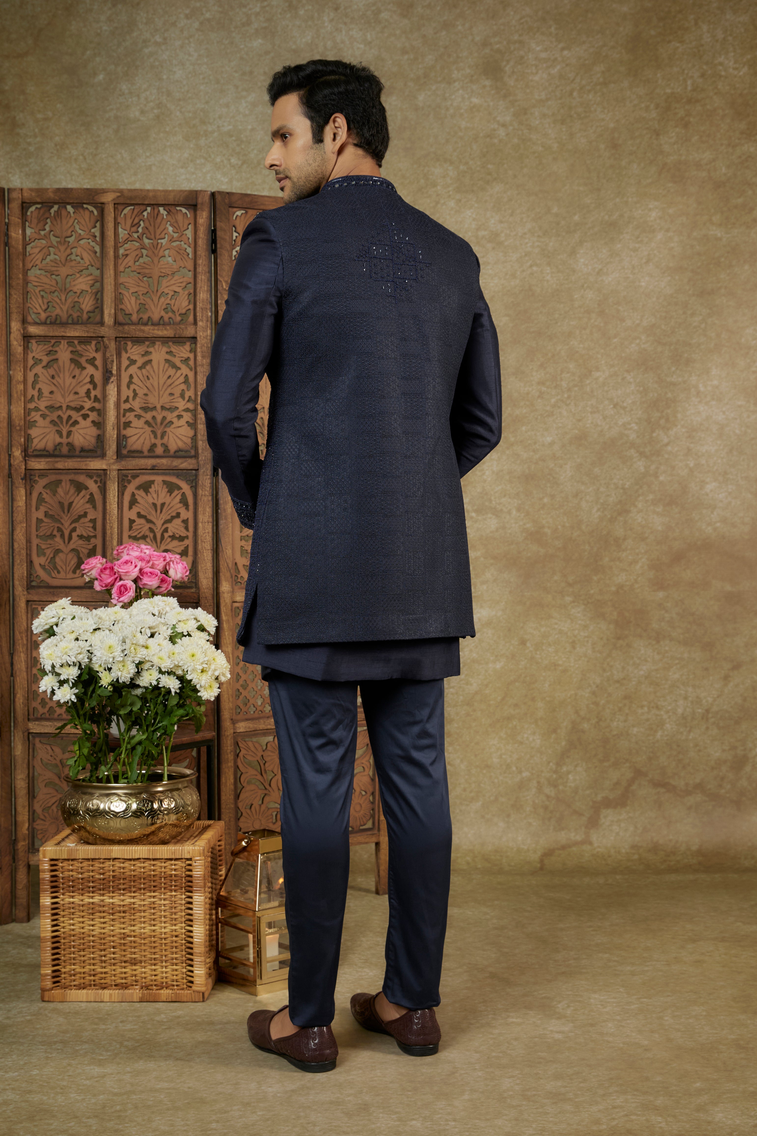 Indigo Blue Silk Open Indowestern Set