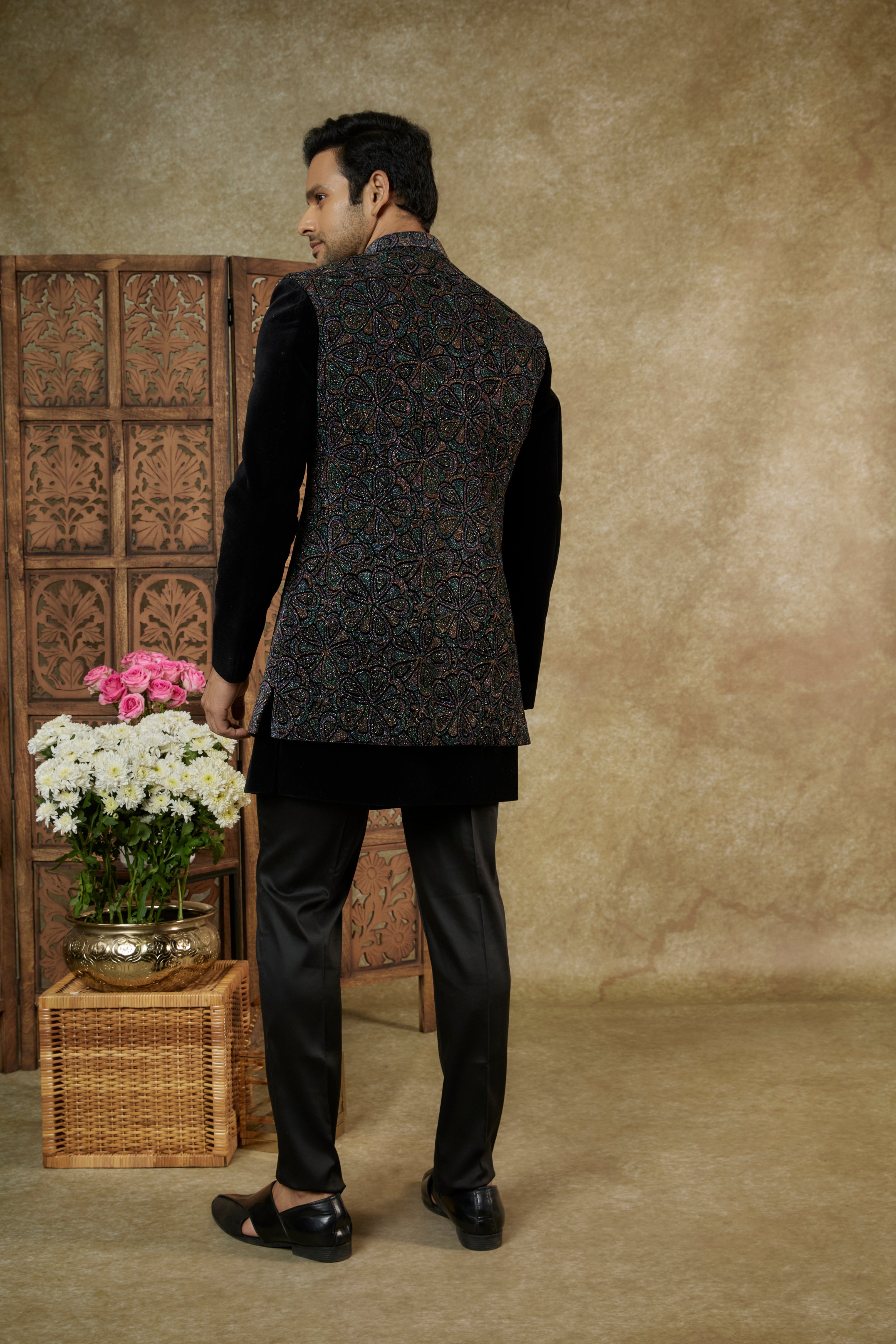 Pitch Black Velvet Jacquard Open Indowestern Set