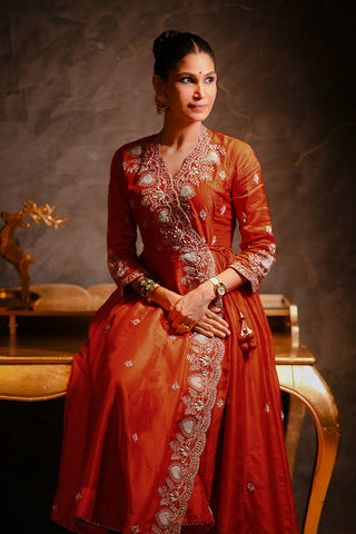 Rust Art Silk Angrakha Suit Set with Zardosi Work