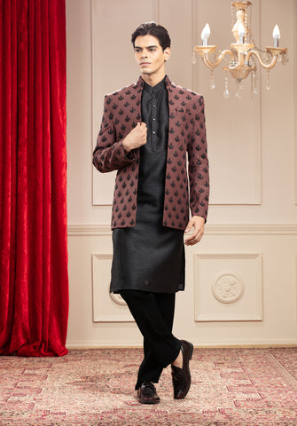 Rust and Black Silk Open Indo-Western Set with Sequin Work