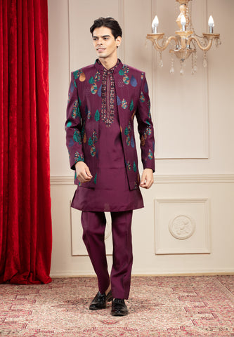 Maroon Open Indo Western With Resham And Computer Embroidery