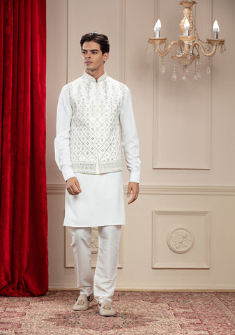 Porcelain White Jacket Kurta Set With Mirror Work