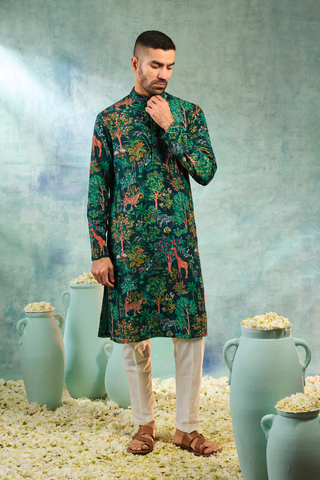 Deep Green Kurta Set With Forest Print Work