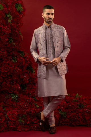 Mauve Silk Kurta Jacket Set With Detailed Hand And Machine Work
