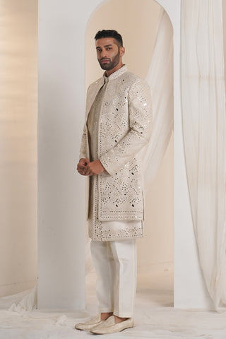 Cream White Silk Open Indo Western With Mirror Work