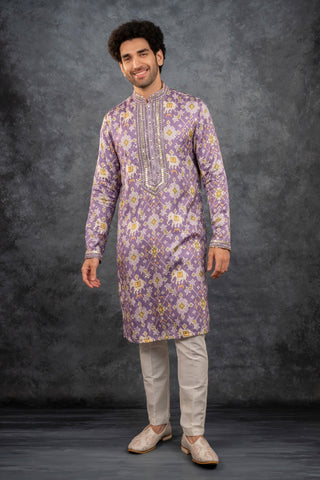 Purple Silk Kurta Set with Mirror Work