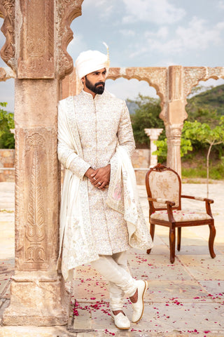 Off-White Silk Sherwani With Resham, Moti And Pearl Work