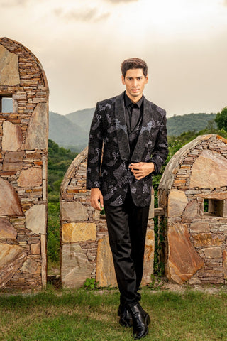 Black Suiting Tuxedo With Thread Embroidery, Pearl And Cut Dana Work