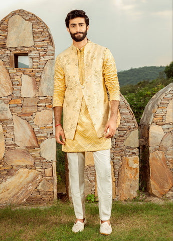 Yellow Silk Koti Set With Mirror And Thread Work