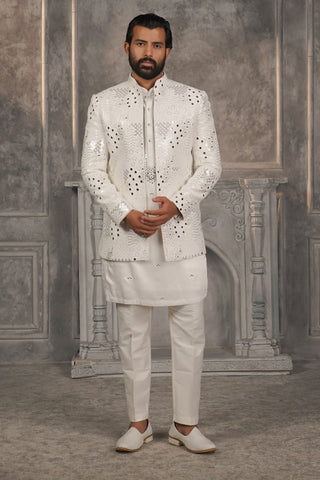 Pristine White Silk Open Jacket Kurta Set