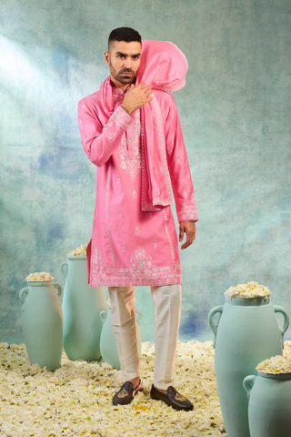 Baby Pink Silk Kurta Set With White Detailing And Mirror Work