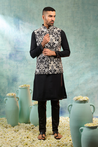 Black Silk Kurta Set With White Thread And Animal Work
