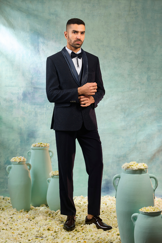 Dark Blue Jacquard Tuxedo With Lapel Work