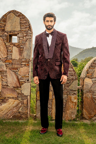 Wine Five Piece Velvet Tuxedo With Thread And Pearl Work