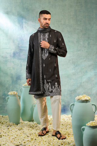 Silk Black Kurta Set With Contrast White Thread Work