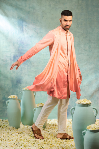 Orange Silk Kurta Set With Ombre Effect And Delicate Motifs