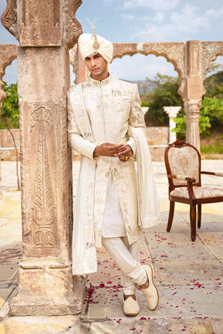 Off-White Silk Zardozi Embroidered Sherwani