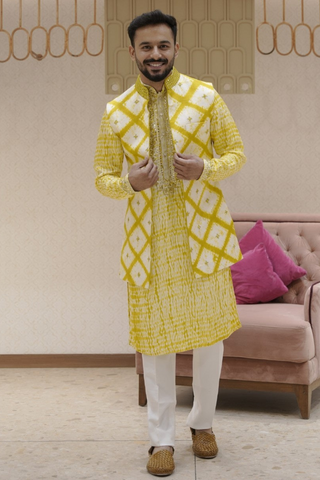 Yellow Silk Kurta Set With Mirror Buti Embroidered Jacket