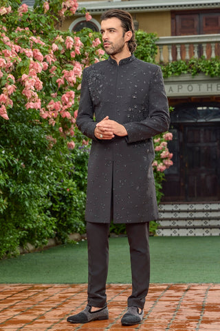 Black Imported Fabric Indo-Western Set with Cutdana Work
