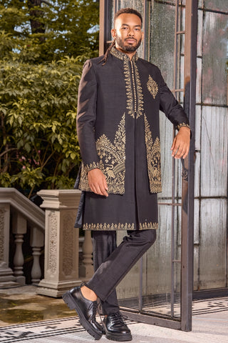 Black Raw Silk Indo-Western with Mirror Embroidery