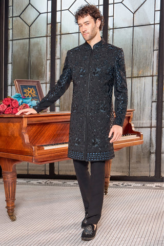 Black Silk Indo-Western Set with Cutdana Work