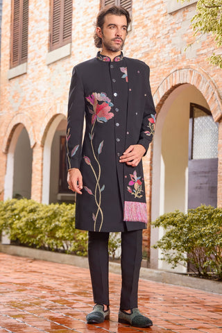 Black Silk Indo-Western Set with Resham Embroidery