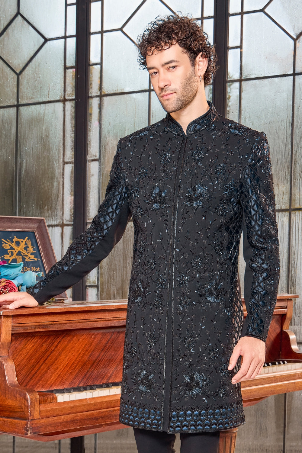 Black Silk Indo-Western Set with Cutdana Work