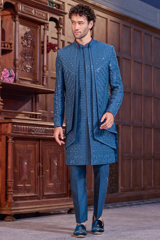Blue Silk Indo-Western Set With Mirror Embroidery
