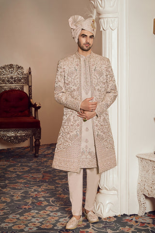 Beige Silk Sherwani with Sequins Embroidery