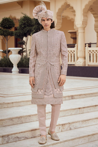 Beige Silk Sherwani With Zardosi And Cutdana Work