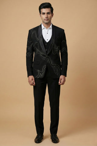 Black Five Piece Imported Suit With Cutdana And Moti
