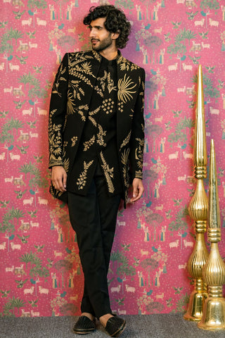 Black Imported Indo Western With Golden Cutdana & Resham Embroidery