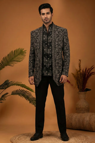 Black Imported Indo Western Set With Moti And Cutdana Work