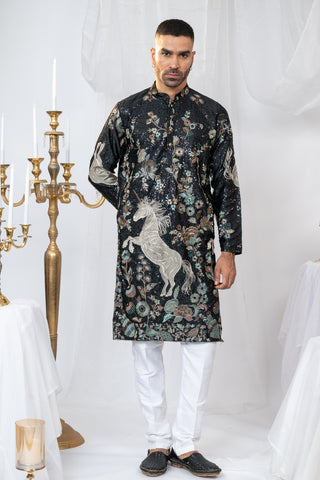 Semi Silk Kurta Set With Sequins And Resham Embroidery