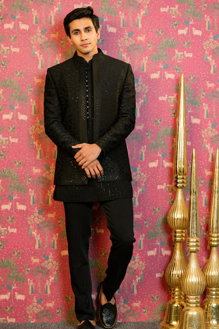 Black Silk Indo Western Set With Sequins And Embroidery