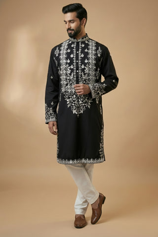 Black Silk Kurta Set With Embroidery Work