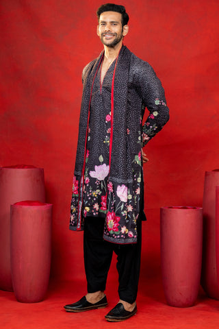 Black Silk Printed Kurta Set With Sequins Work