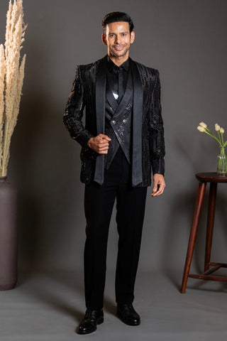 Black Silk Tuxedo With Cutdana Work