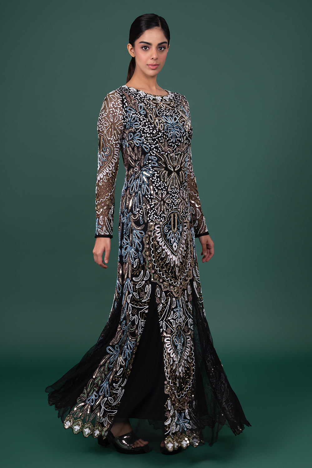 Black Tulle Gown With Intricate Multi-Color Pastel Floral Threadwork And White Beads