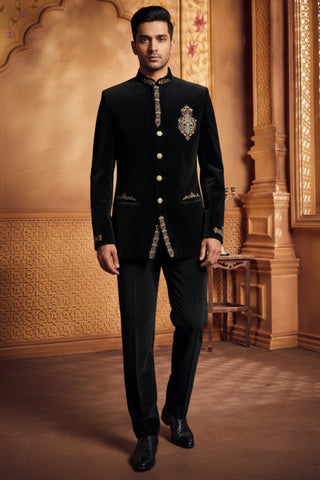 Black Velvet Jodhpuri Set With Moti And Cutdana Work