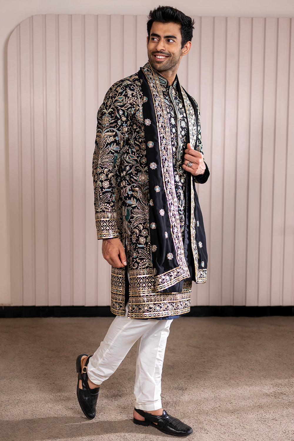 Black Velvet Kurta Set With Silver & Resham Floral Embroidery